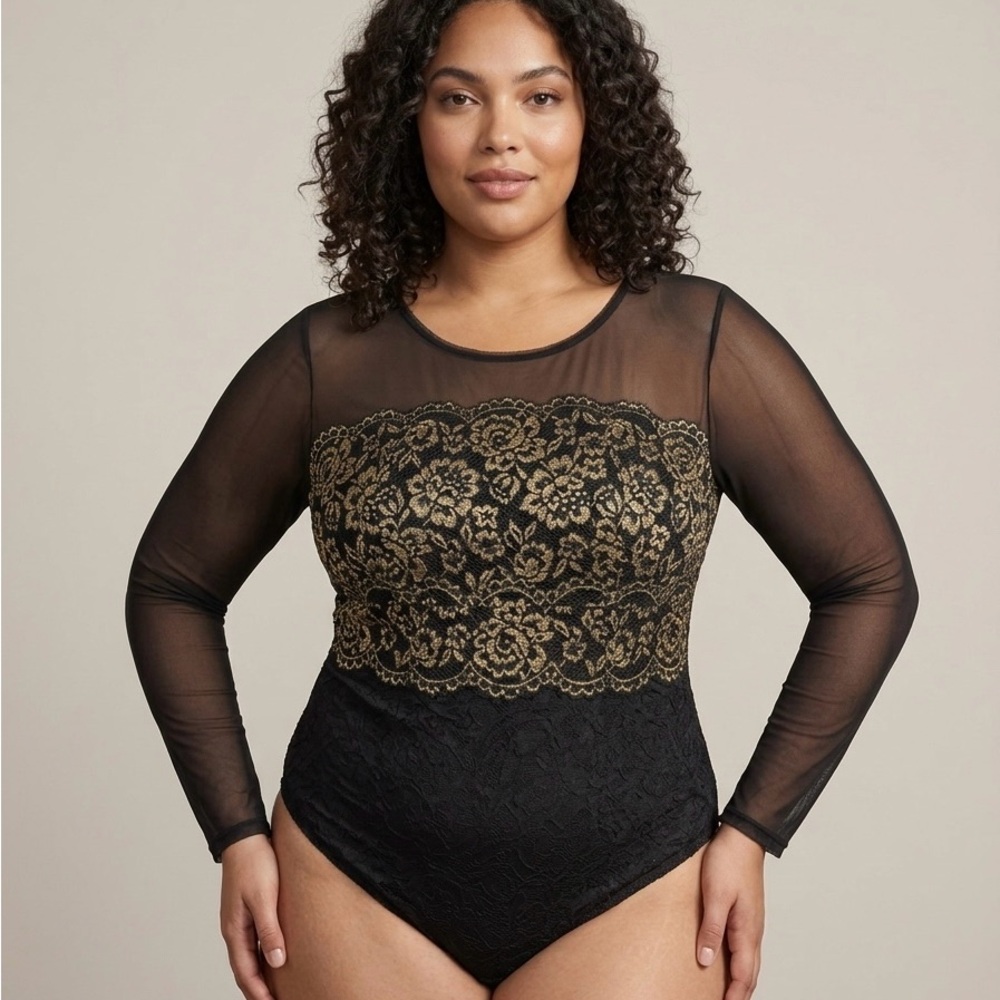 NWT Lane Bryant Cacique Seriously Sexy Black Gold Lace Mesh Bodysuit 26/28